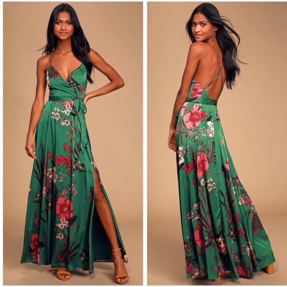 Lulu's | Dresses | Nwot Lulus Still The One Emerald Green Floral Print  Satin Maxi Dress Medium | Poshmark